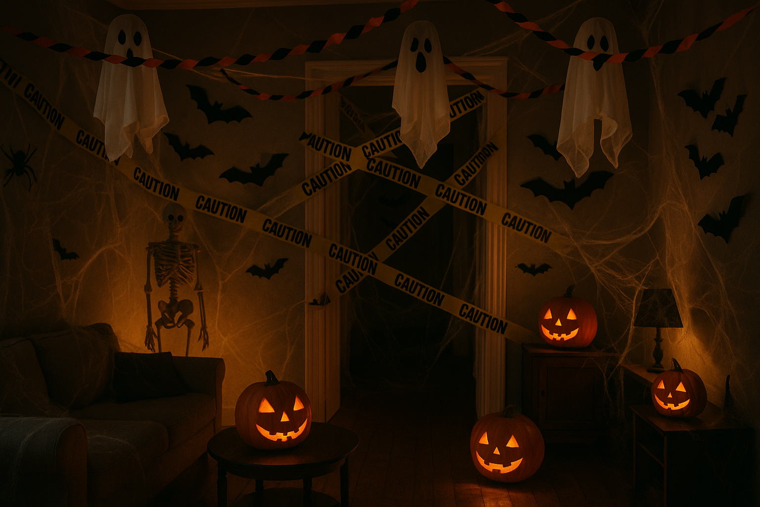 room, with various Halloween decorations, like caution tapes, ghosts, pumpkins etc